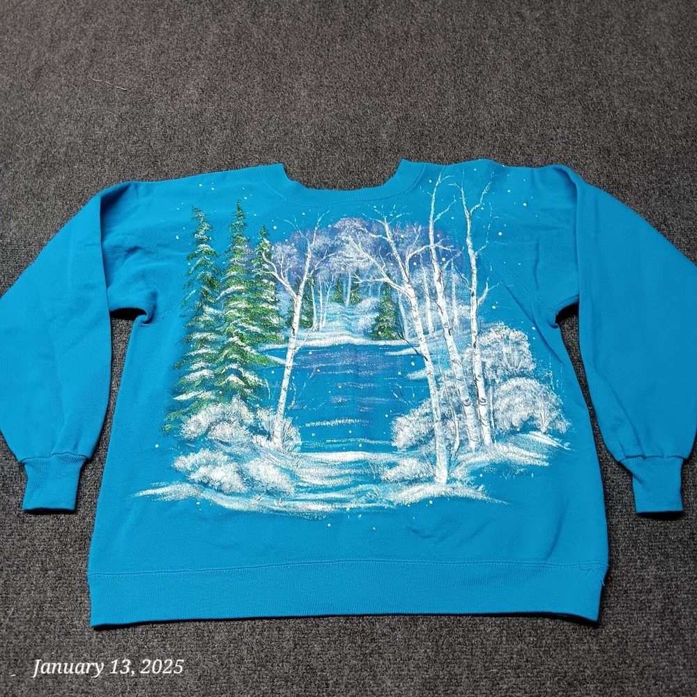 Vintage HANES her Way Sweatshirt Women Large Blue Painted‎ Winter Nature Graphic